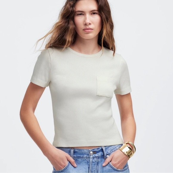 Madewell vintage ivory Garment-Dyed Ribbed Crewneck Pocket Tee - Picture 1 of 5